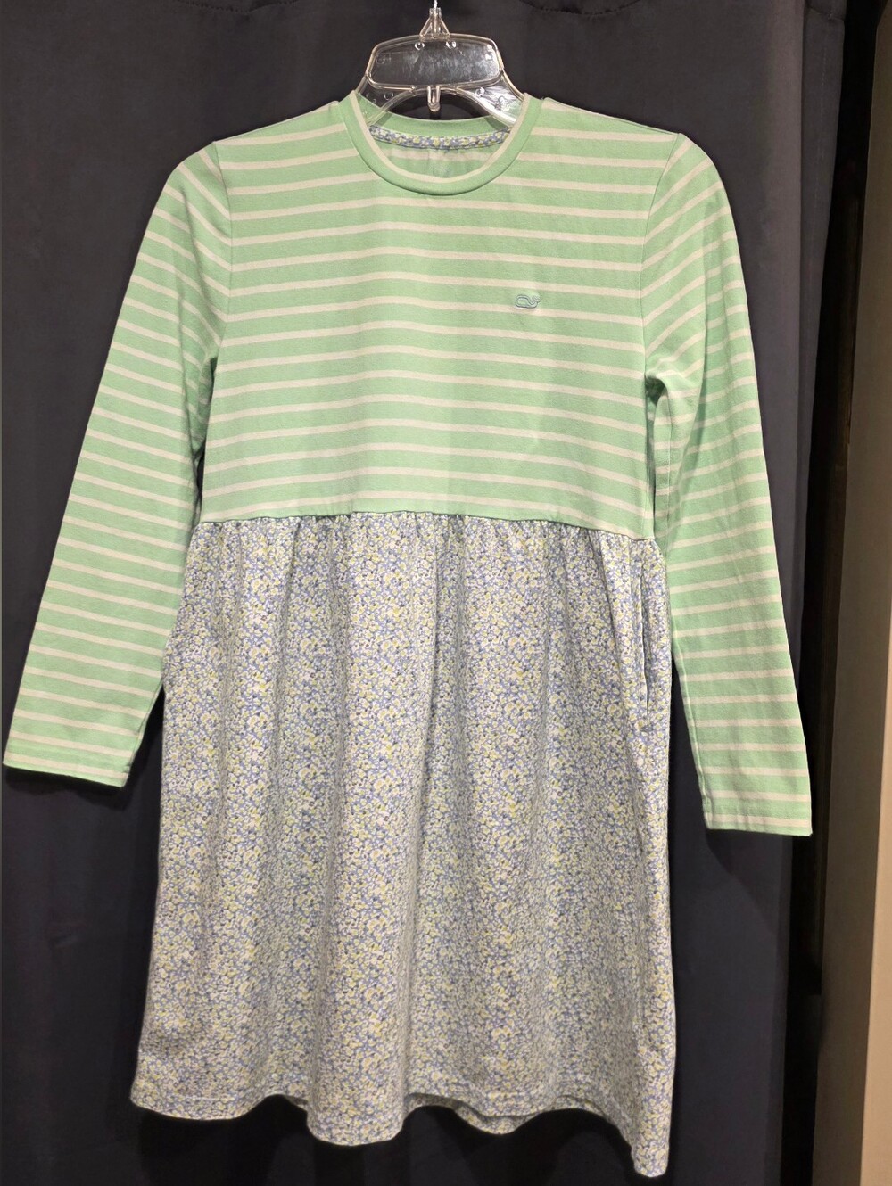Vineyard Vines Girls' Mint Green Striped Long-Sleeve Dress with Floral Skirt L